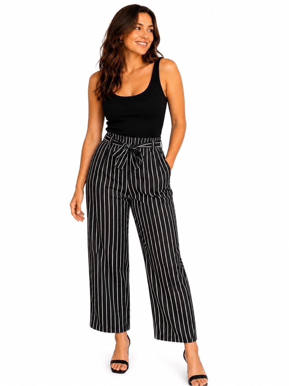 High-Rise Paperbag Tie Waist Striped Pants - Black/White